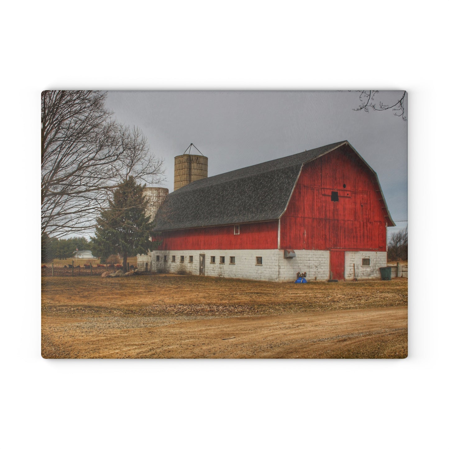 U R There Photography Hunters Creek Red Cow Barn II Rustic Farmhouse Tempered-Glass Cutting Board