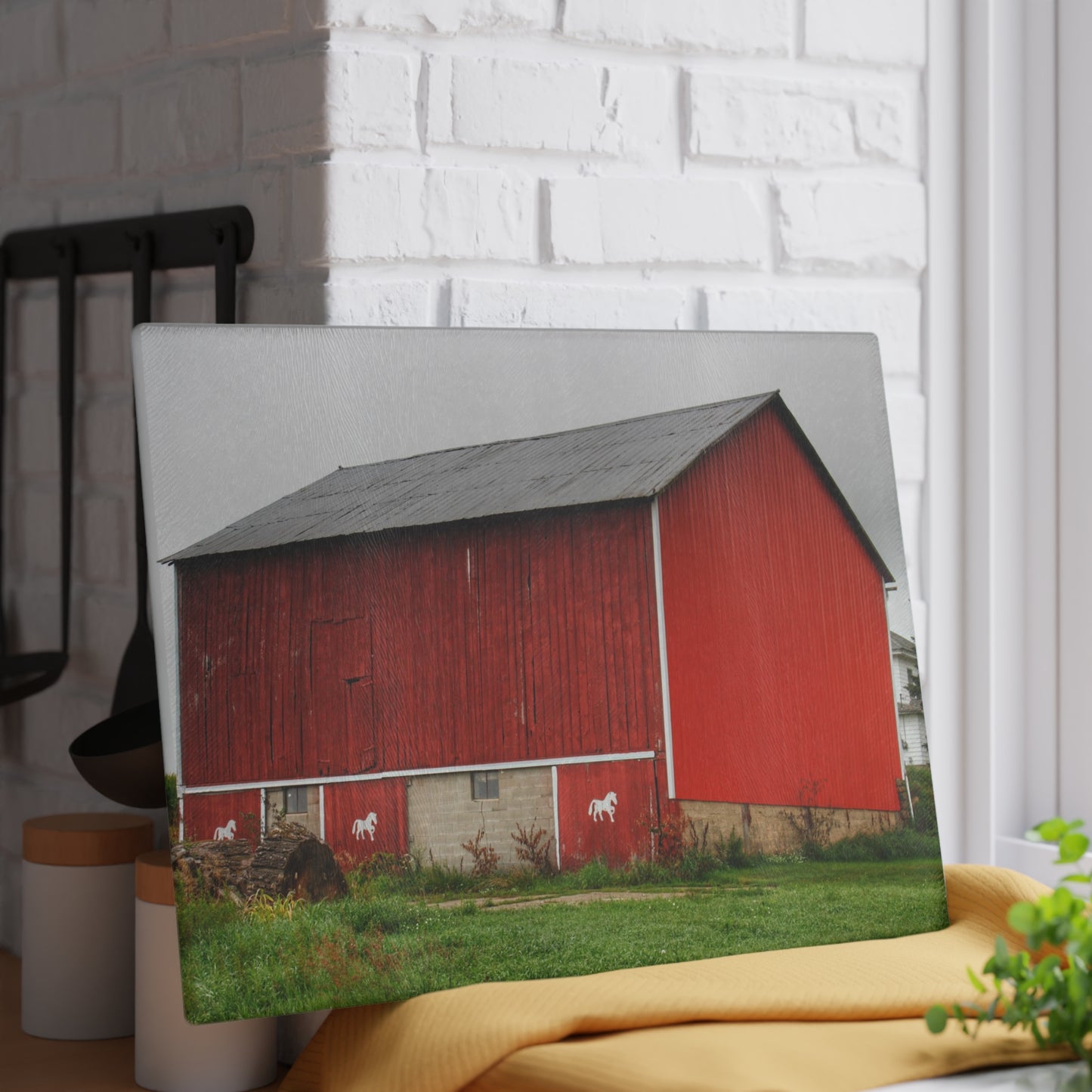 U R There Photography Brown Road Horse Barn II Rustic Farmhouse Tempered-Glass Cutting Board