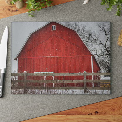 U R There Photography Big Red Beyond the Fence Rustic Farmhouse Tempered-Glass Cutting Board