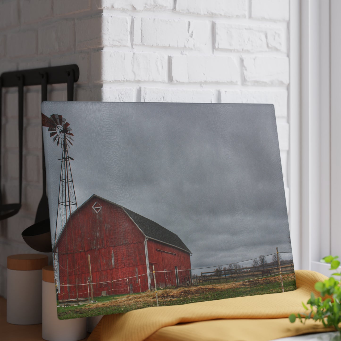 U R There Photography West Lake Road Red Barn and Windmill Rustic Farmhouse Tempered-Glass Cutting Board