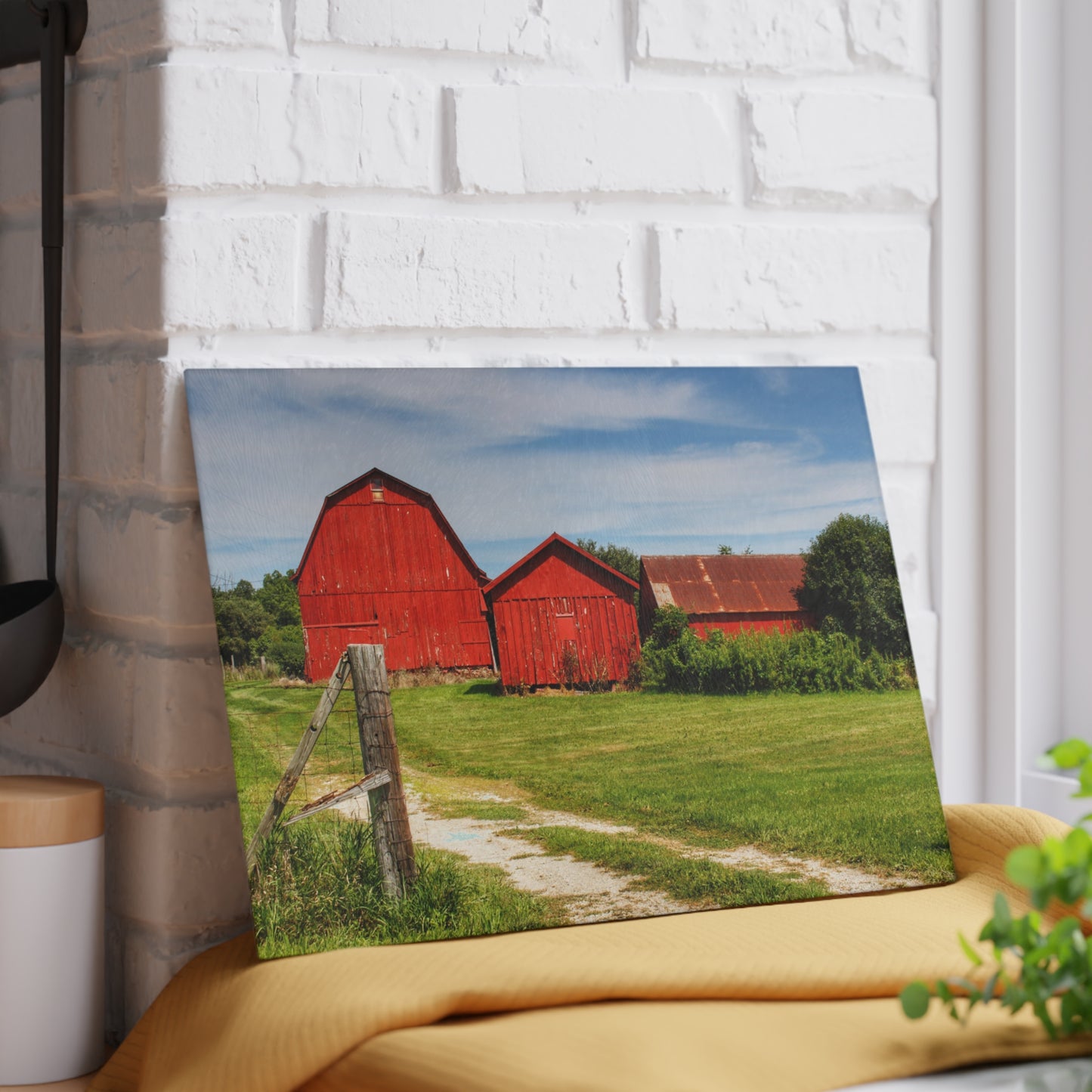 U R There Photography South Oak Road Reds I Rustic Farmhouse Tempered-Glass Cutting Board