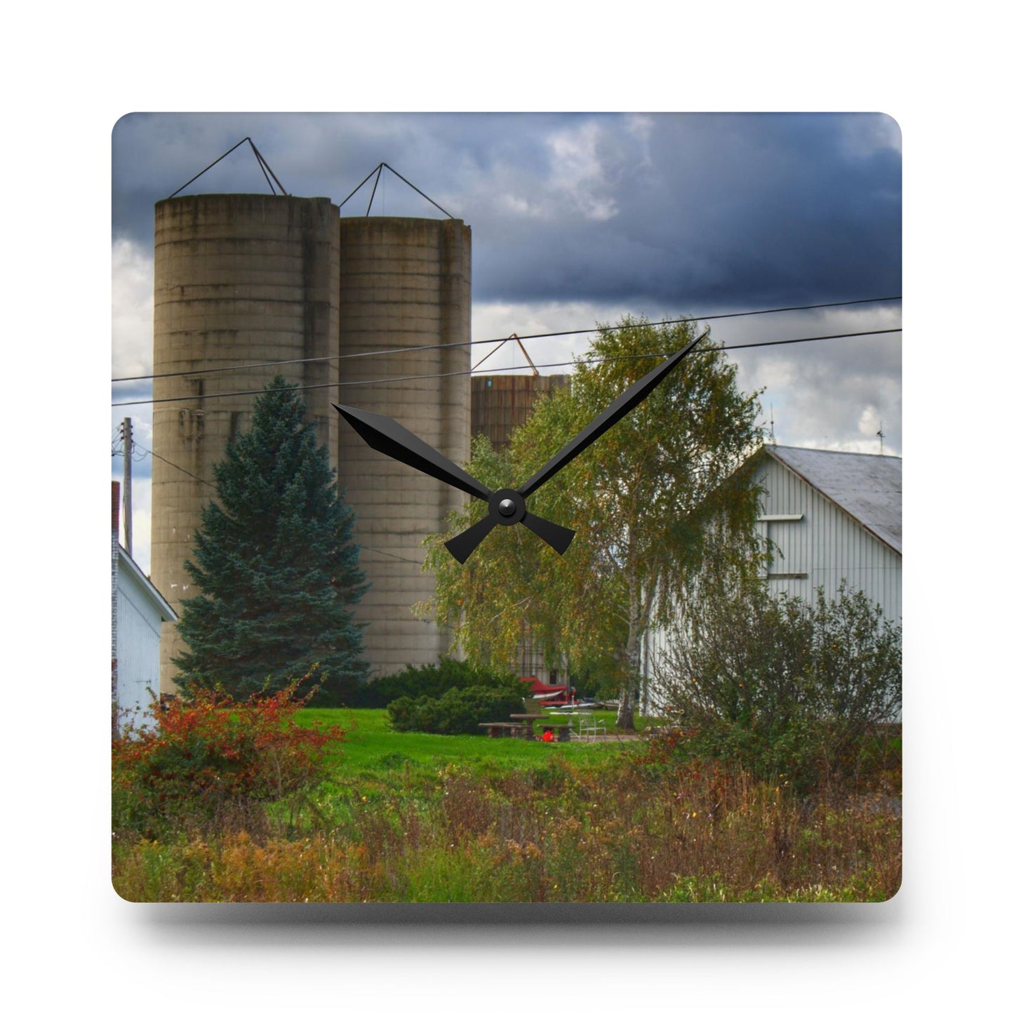 U R There Photography Baldwin White and Silos Rustic Farmhouse Acrylic Analog Wall Clock