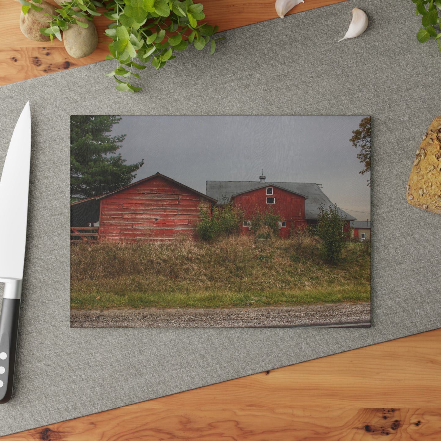 U R There Photography Goodrich Baldwin Road Reds I Rustic Farmhouse Tempered-Glass Cutting Board