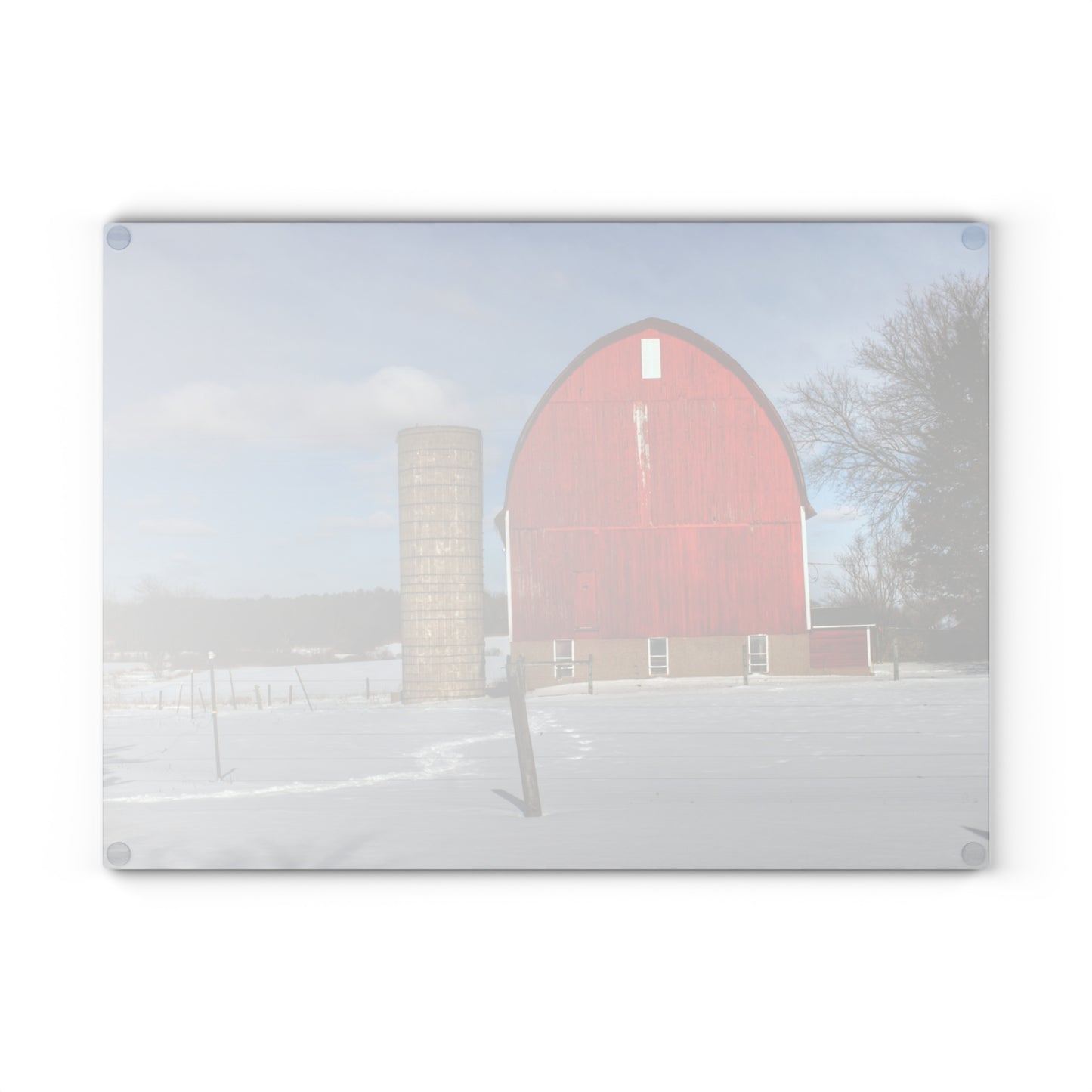 U R There Photography Barnes Road Winter Red Rustic Farmhouse Tempered-Glass Cutting Board