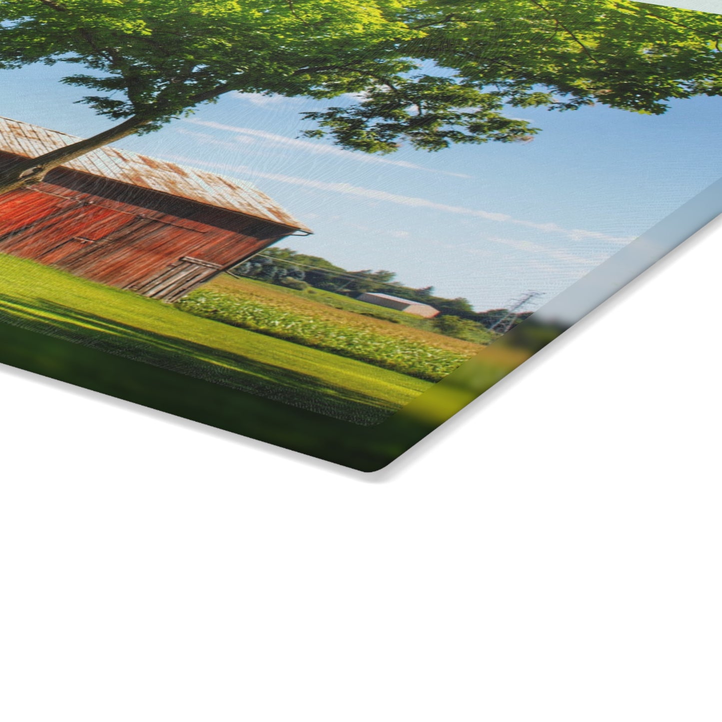 U R There Photography Hunters Creek Little Red Cow Barn Rustic Farmhouse Tempered-Glass Cutting Board