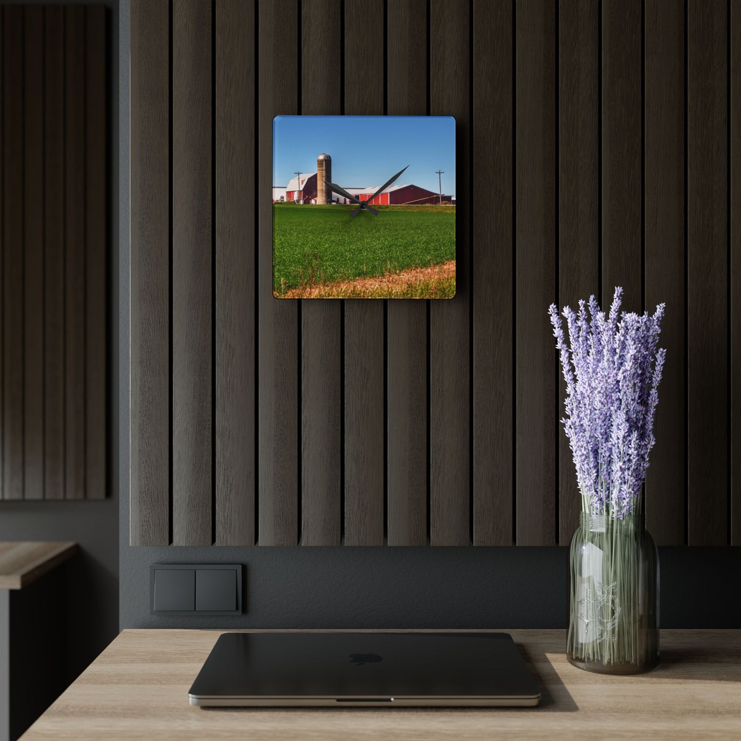 U R There Photography Pattison Road Farm Across the Field I Rustic Farmhouse Acrylic Analog Wall Clock