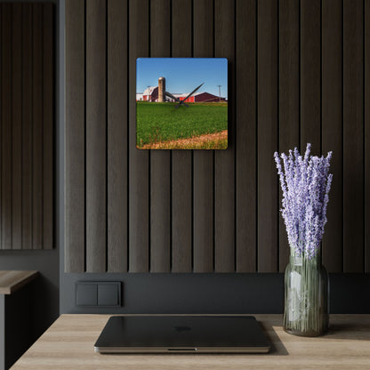 U R There Photography Pattison Road Farm Across the Field I Rustic Farmhouse Acrylic Analog Wall Clock