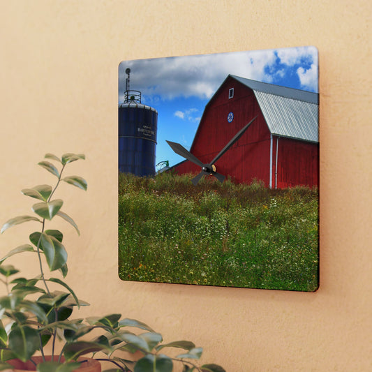 U R There Photography South Henderson Road Hilltop Red III Rustic Farmhouse Acrylic Analog Wall Clock