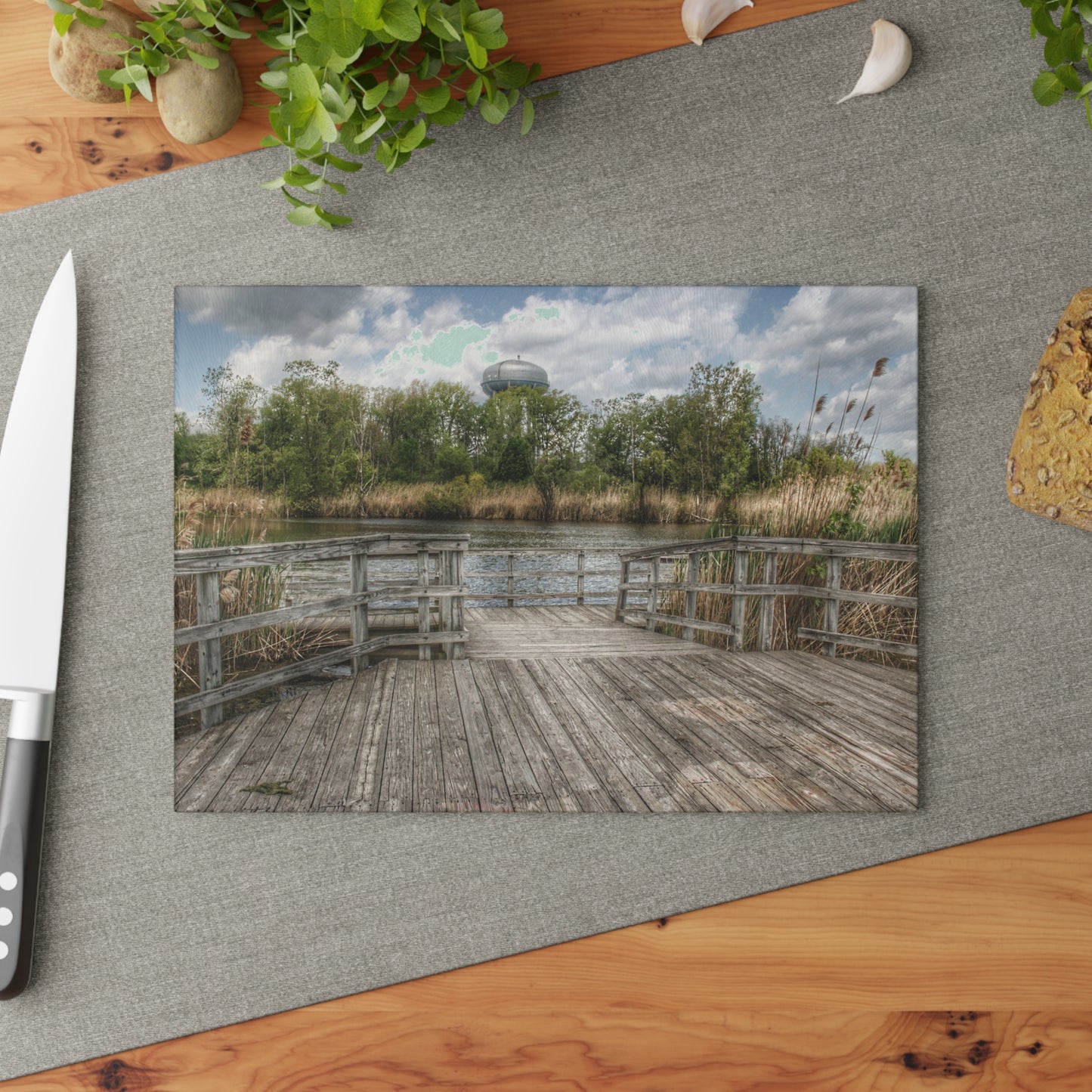 Barn Boutique Rustic Tempered-Glass Cutting Board| Bridge Overlooking Water Tower Park in Lapeer