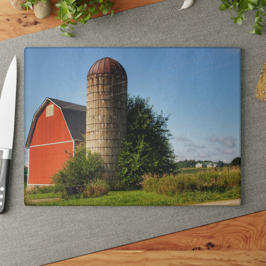 U R There Photography August Red and Silo Rustic Farmhouse Tempered-Glass Cutting Board