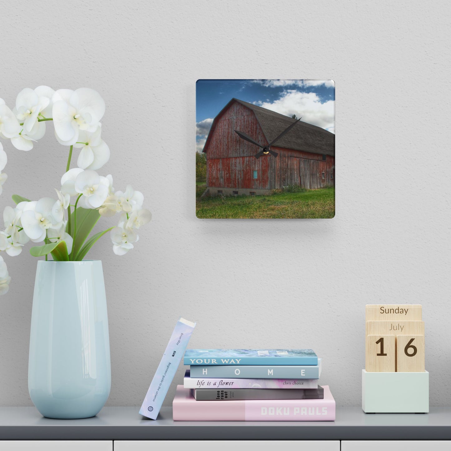 U R There Photography Baldwin Road Red Rustic Farmhouse Acrylic Analog Wall Clock