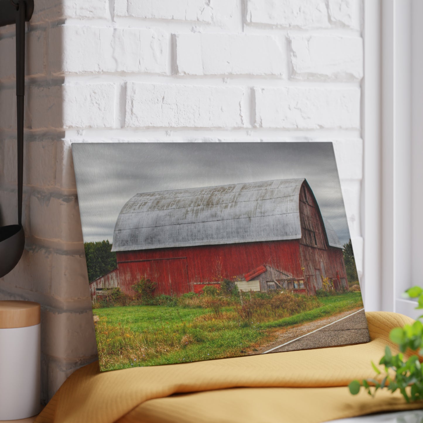 U R There Photography Valentine Road Red Saltbox Rustic Farmhouse Tempered-Glass Cutting Board