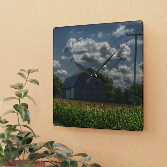 U R There Photography Grey Barn in a Cornfield Rustic Farmhouse Acrylic Analog Wall Clock