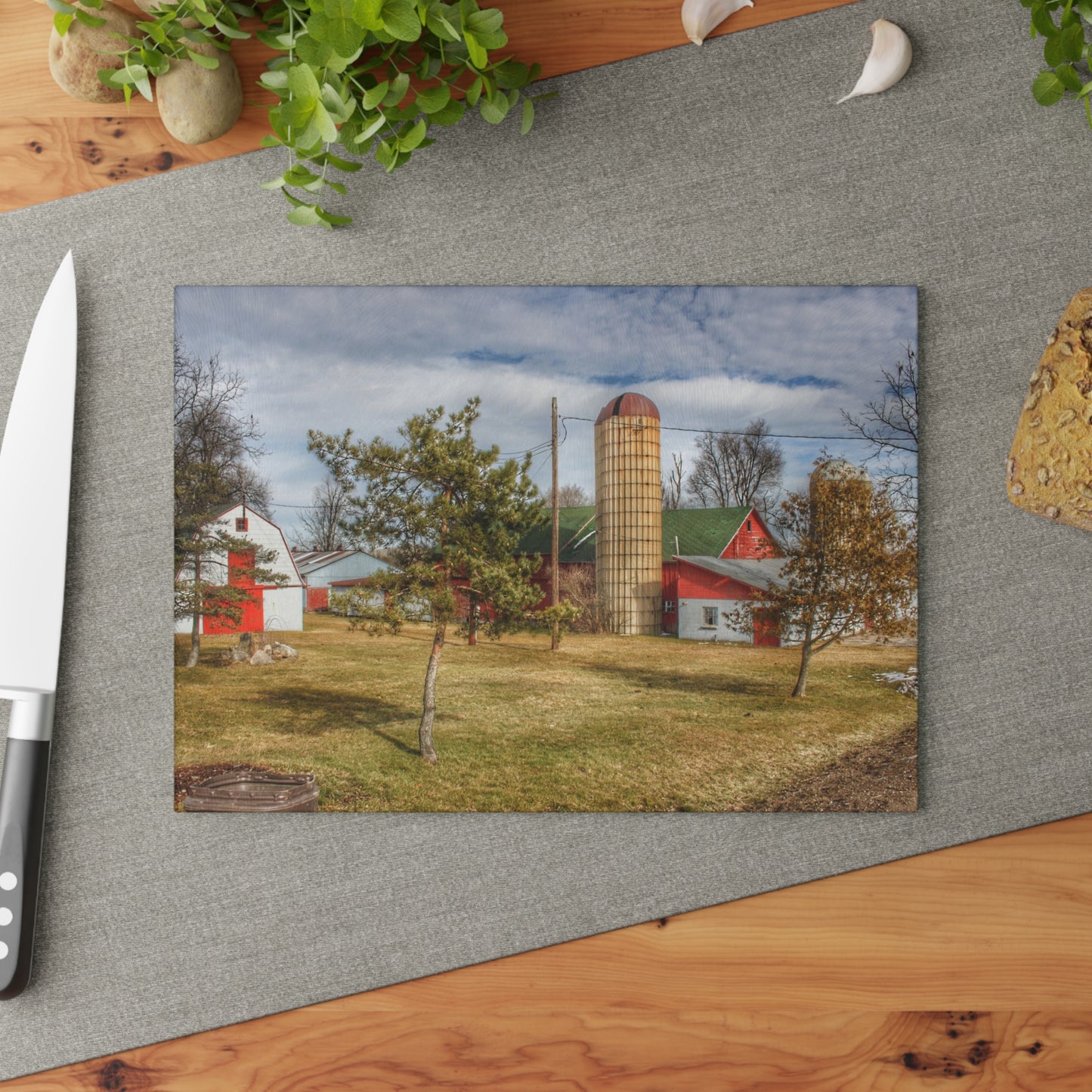 U R There Photography Newark Road Red and Silos I Rustic Farmhouse Tempered-Glass Cutting Board