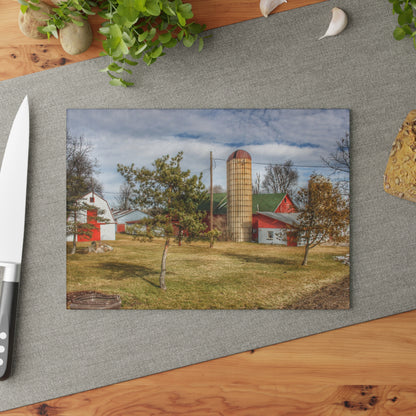 U R There Photography Newark Road Red and Silos I Rustic Farmhouse Tempered-Glass Cutting Board