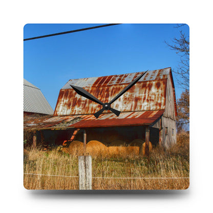U R There Photography Dodge Road Hay Barn II Rustic Farmhouse Acrylic Analog Wall Clock