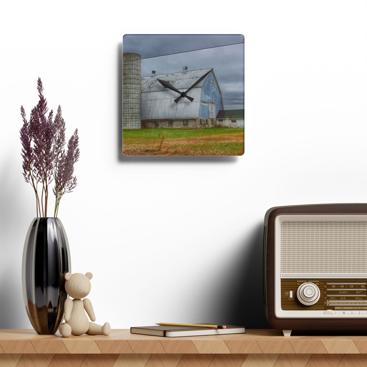 U R There Photography Daley Road Grey I Rustic Farmhouse Acrylic Analog Wall Clock