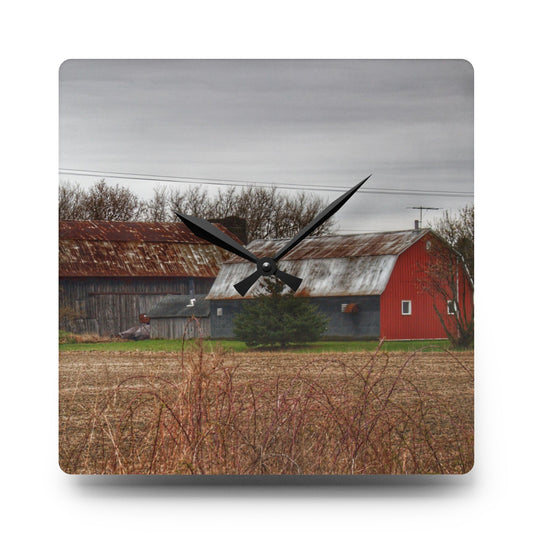 South Summers Road Rusted Grey and Little Red Rustic Farmhouse Acrylic Analog Wall Clock 10.75'' × 10.75'' (Square)