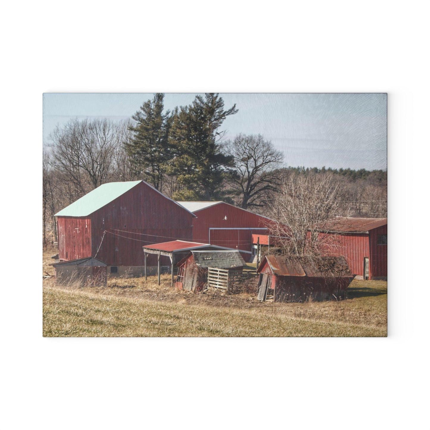 U R There Photography Bronson Lake Reds Rustic Farmhouse Tempered-Glass Cutting Board 8"x 11"
