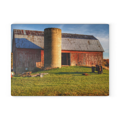 U R There Photography Peck Road Red and Silo Rustic Farmhouse Tempered-Glass Cutting Board 8"x 11"