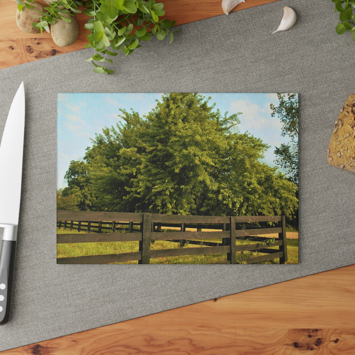 U R There Photography Country Fence and Tree in Metamora Rustic Farmhouse Tempered-Glass Cutting Board