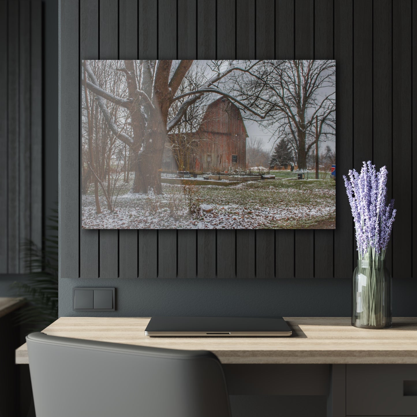 U R There Photography Bishop Road Winter Red Rustic Farmhouse Acrylic Wall Print