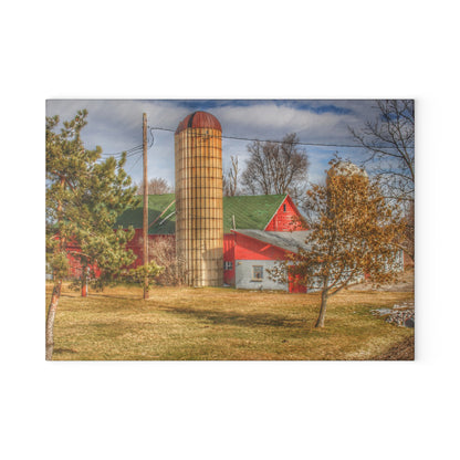 U R There Photography Newark Road Red and Silos II Rustic Farmhouse Tempered-Glass Cutting Board