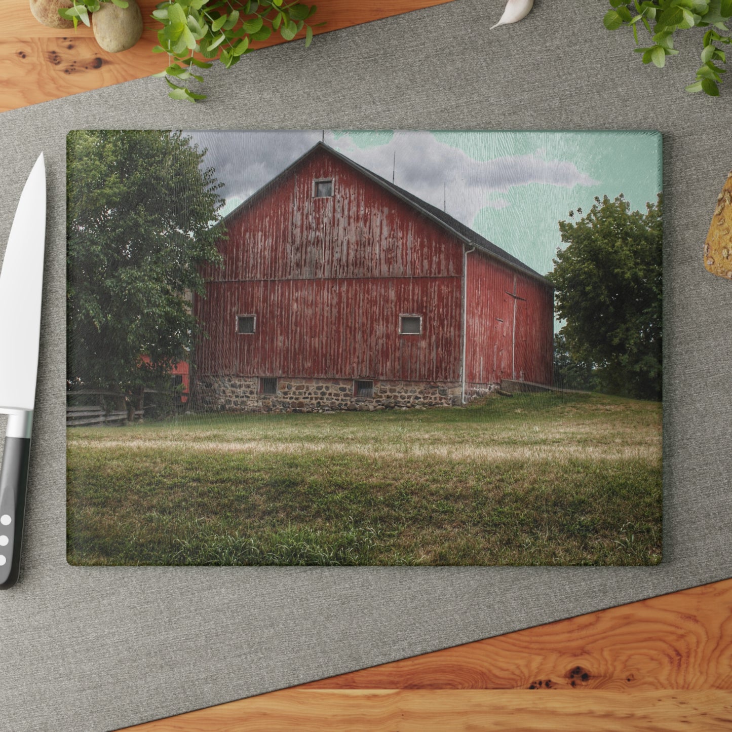 Barn Boutique Rustic Tempered-Glass Cutting Board| Five Lakes Red II