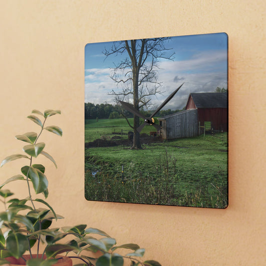 U R There Photography West Oregon Road Hidden Red III Rustic Farmhouse Acrylic Analog Wall Clock