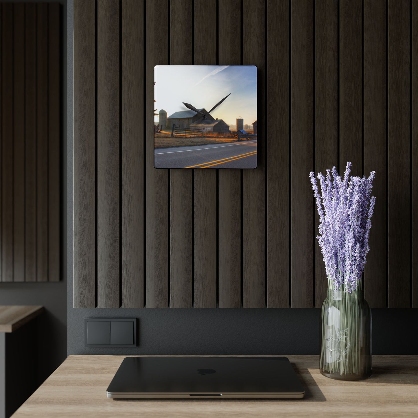 U R There Photography Wilder Road Foggy Morning Greys Rustic Farmhouse Acrylic Analog Wall Clock