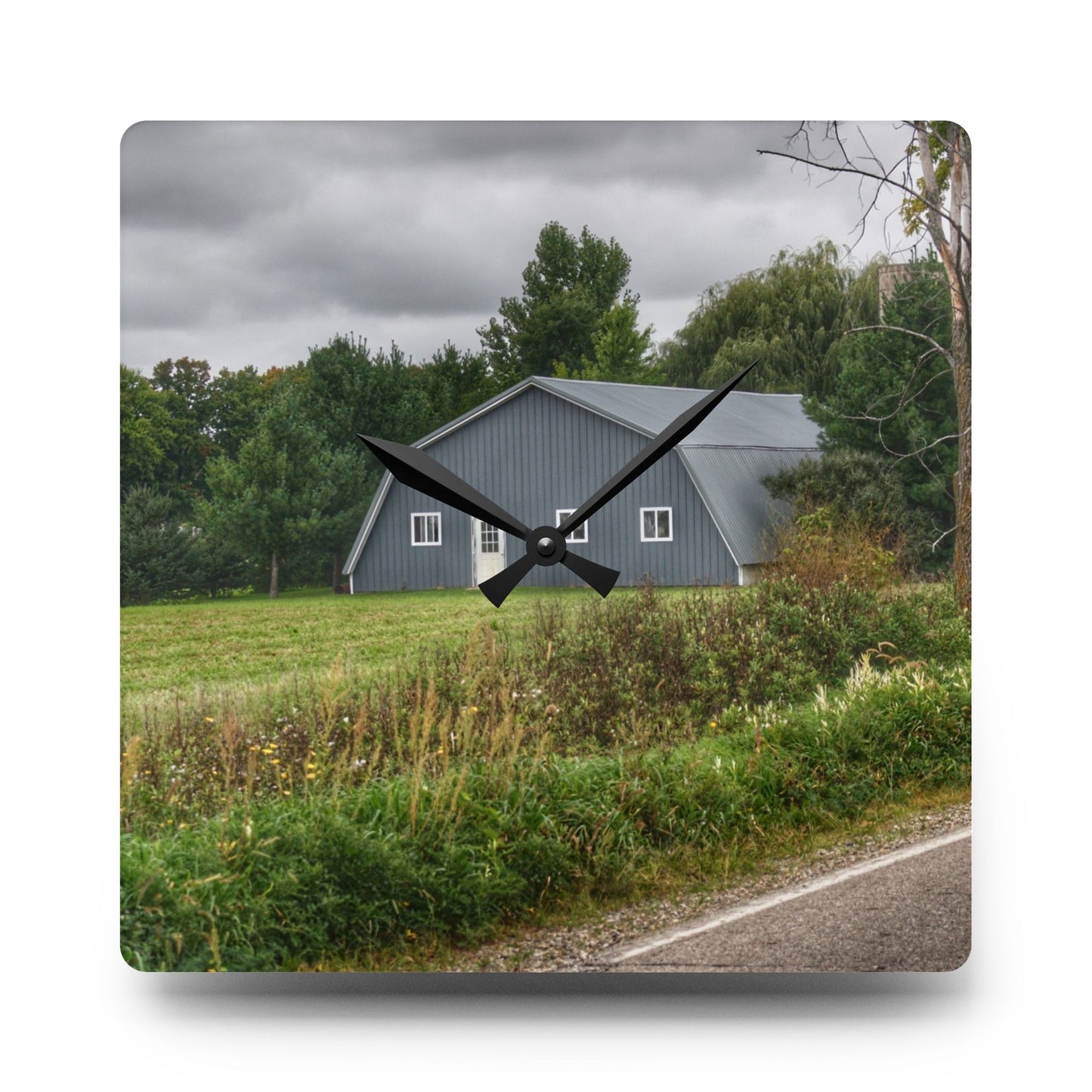 U R There Photography Hinson Road Grey Quonset Rustic Farmhouse Acrylic Analog Wall Clock
