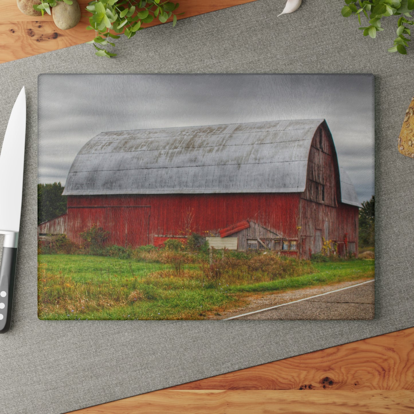 U R There Photography Valentine Road Red Saltbox Rustic Farmhouse Tempered-Glass Cutting Board