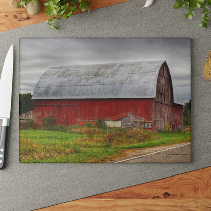 U R There Photography Valentine Road Red Saltbox Rustic Farmhouse Tempered-Glass Cutting Board