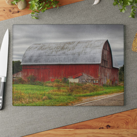 U R There Photography Valentine Road Red Saltbox Rustic Farmhouse Tempered-Glass Cutting Board