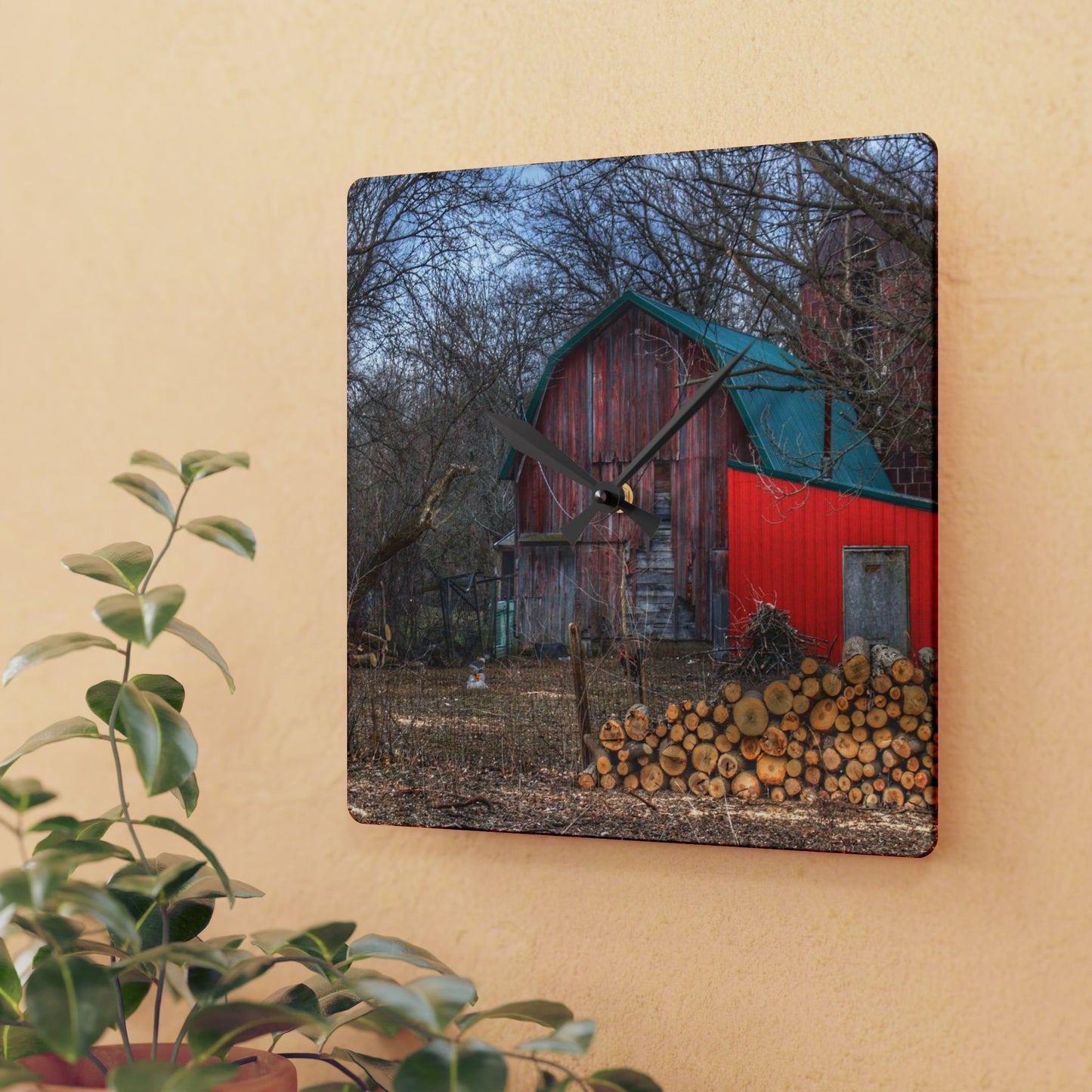 U R There Photography Bray Road Hidden Barnyard Red II Rustic Farmhouse Acrylic Analog Wall Clock