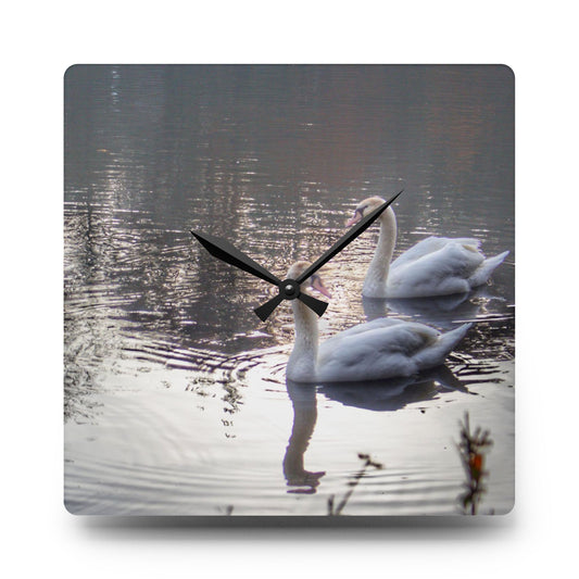 Swans of Duck Lake II Rustic Farmhouse Acrylic Analog Wall Clock 10.75'' × 10.75'' (Square)