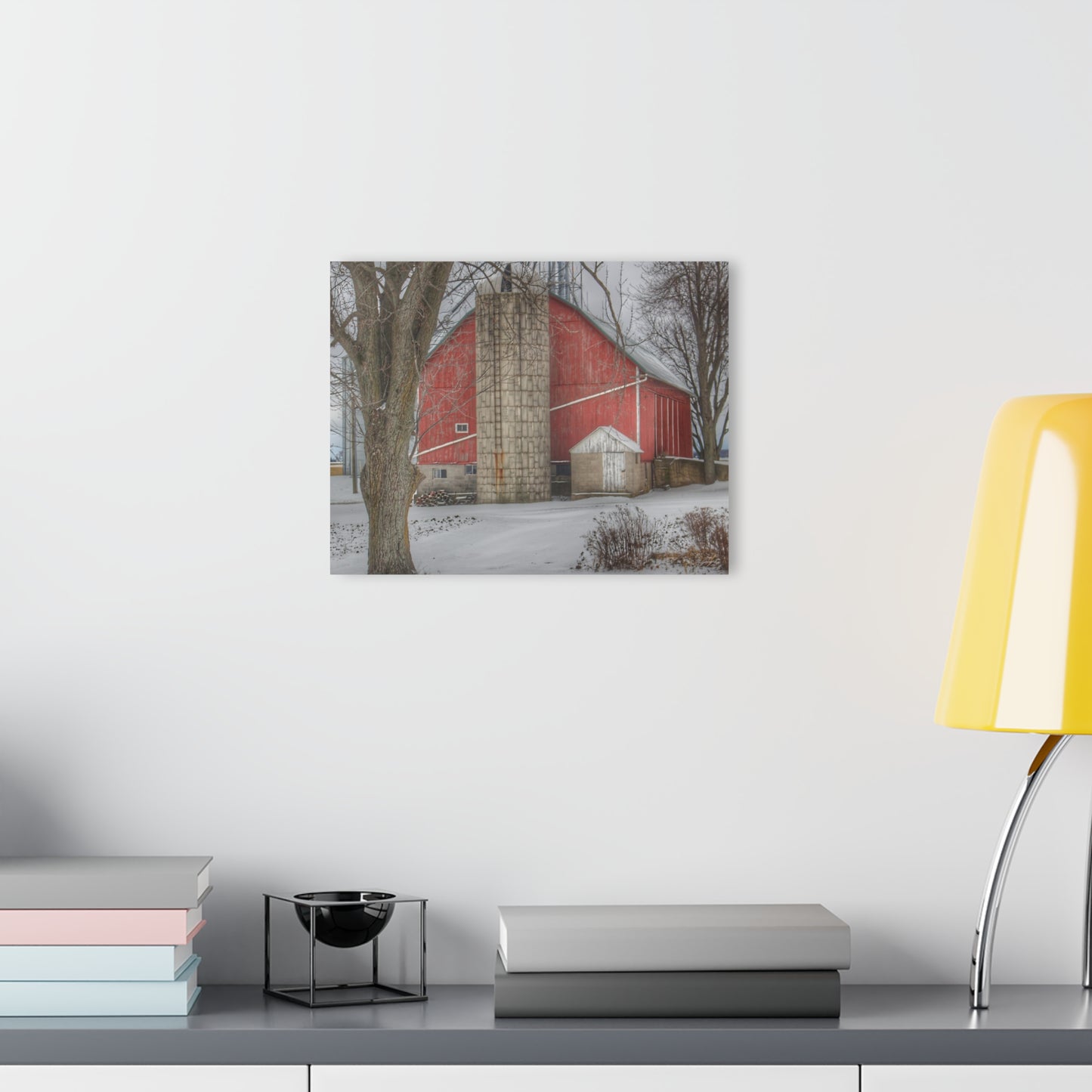 U R There Photography Frenchline Road Red in Winter Rustic Farmhouse Acrylic Wall Print