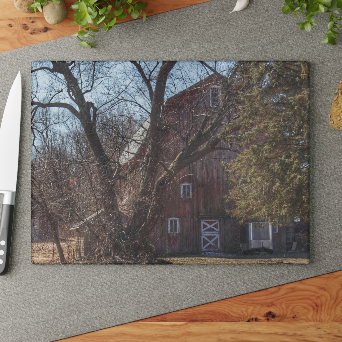 U R There Photography Lakeville Road Hidden Red Rustic Farmhouse Tempered-Glass Cutting Board