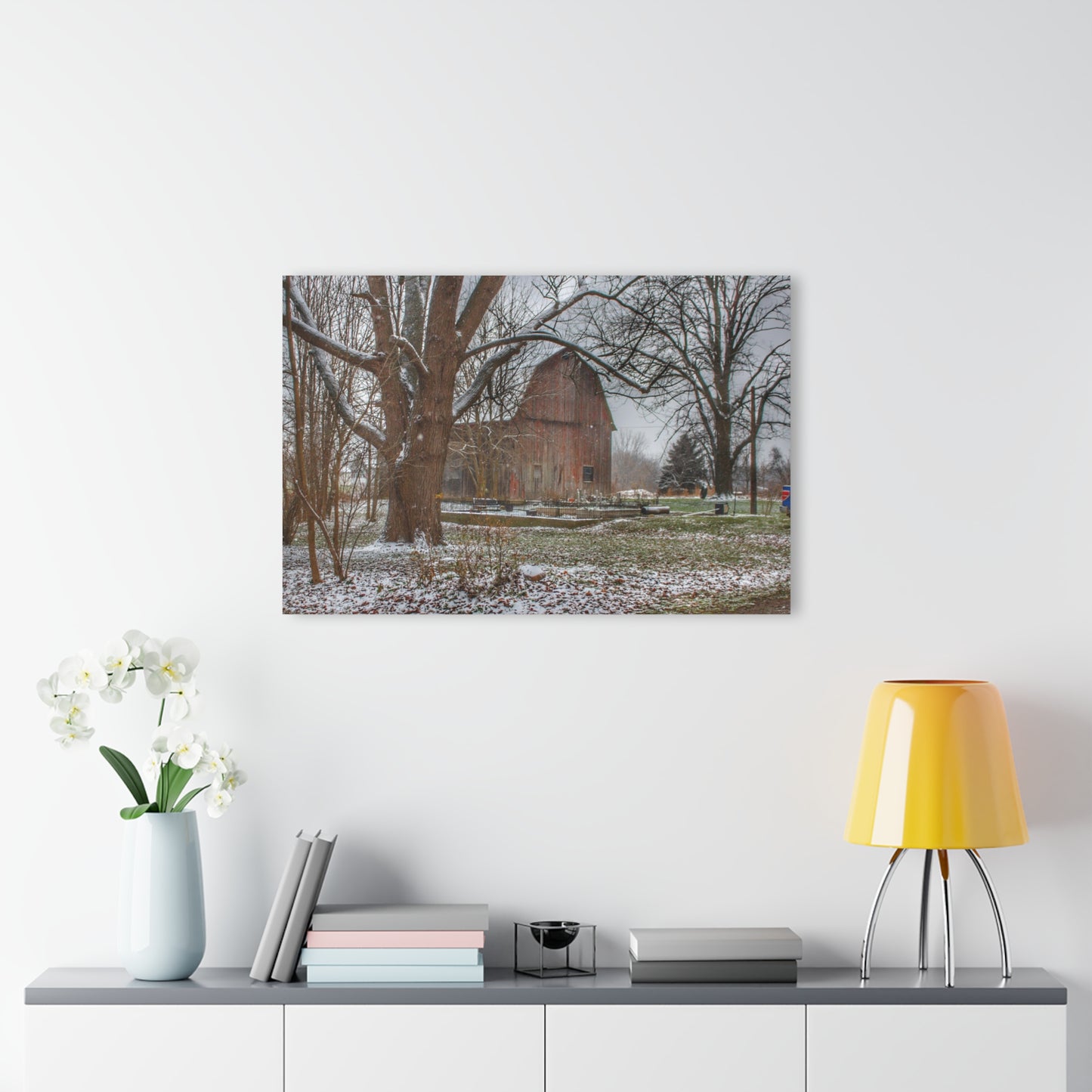 U R There Photography Bishop Road Winter Red Rustic Farmhouse Acrylic Wall Print