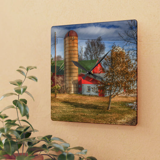 U R There Photography Newark Road Red and Silos II Rustic Farmhouse Acrylic Analog Wall Clock