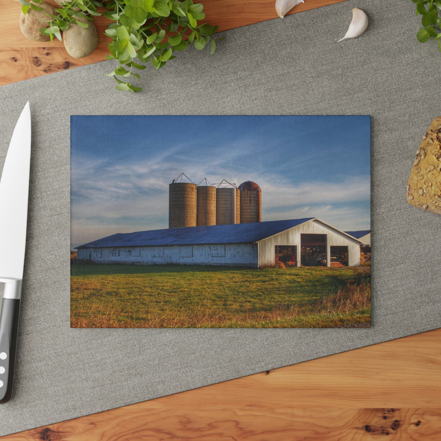 Barn Boutique Rustic Tempered-Glass Cutting Board| Peck White and Silos