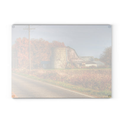 U R There Photography Plumb Creek Road Red in Fall II Rustic Farmhouse Tempered-Glass Cutting Board