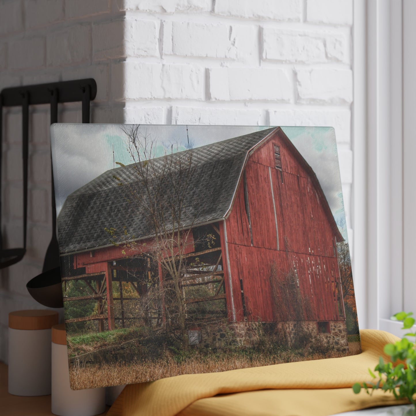 U R There Photography Laur Road Forgotten Red II Rustic Farmhouse Tempered-Glass Cutting Board