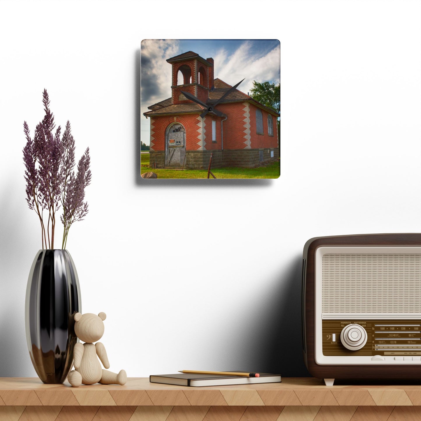 U R There Photography North Grove Road Schoolhouse I Rustic Farmhouse Acrylic Analog Wall Clock