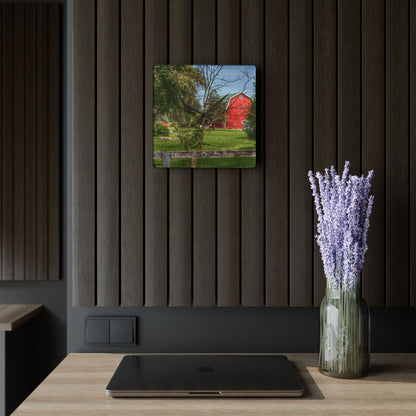 U R There Photography Roadside Red Beyond the Fence Rustic Farmhouse Acrylic Analog Wall Clock