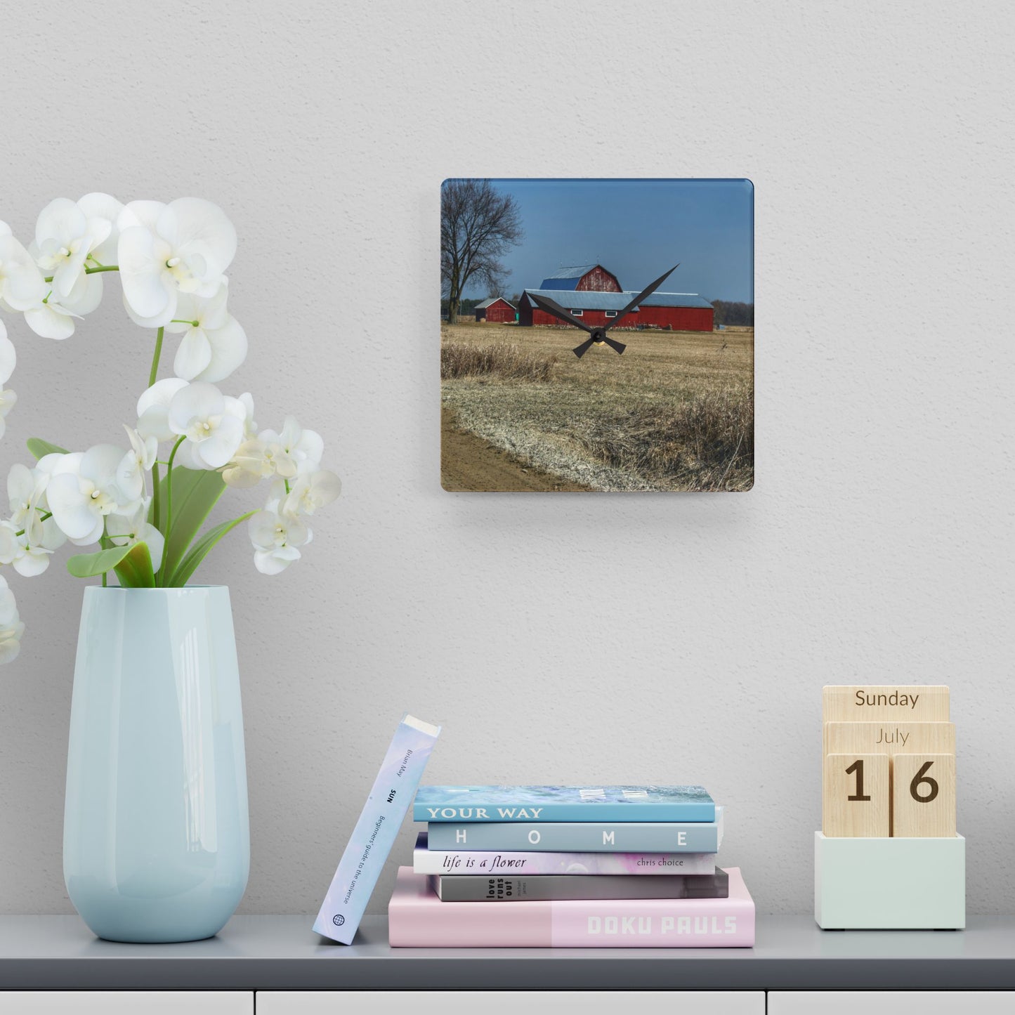 U R There Photography Romeo Plank Road Reds II Rustic Farmhouse Acrylic Analog Wall Clock