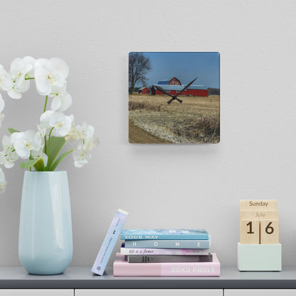 U R There Photography Romeo Plank Road Reds II Rustic Farmhouse Acrylic Analog Wall Clock