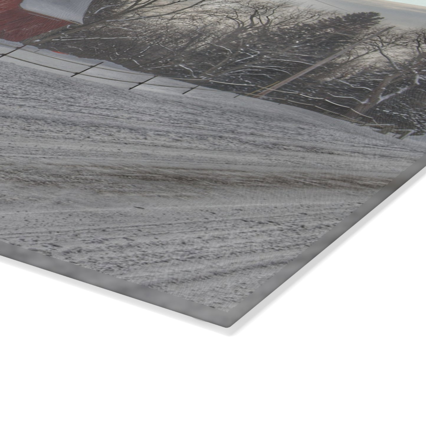 U R There Photography Phillips Road Winter Red Rustic Farmhouse Tempered-Glass Cutting Board
