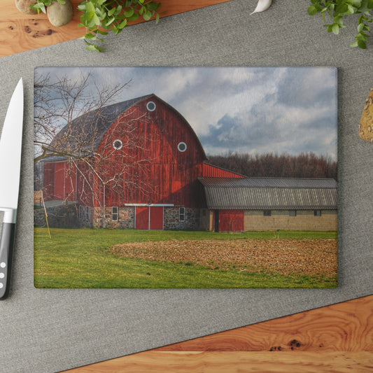U R There Photography Clear Lake Road Fieldstone Red Rustic Farmhouse Tempered-Glass Cutting Board