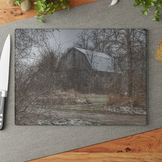 U R There Photography Bishop Road Winter Grey Rustic Farmhouse Tempered-Glass Cutting Board